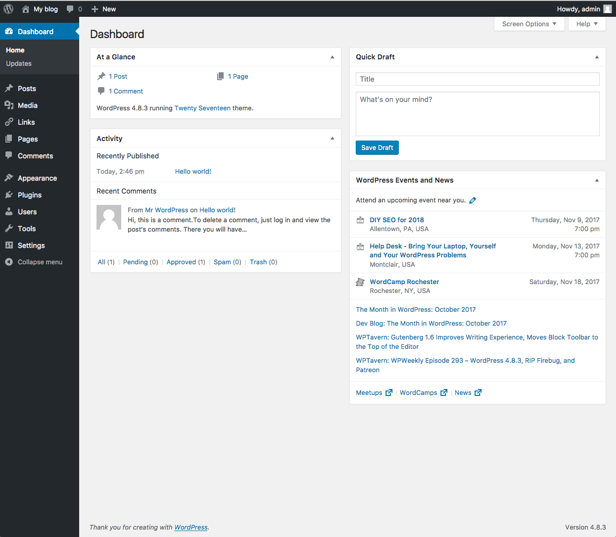 Screen shot of WordPress Dashboard