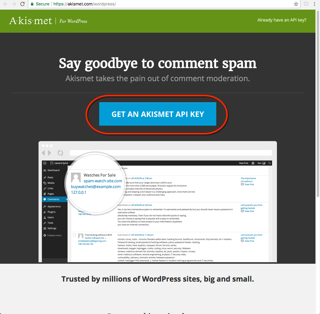 Screen shot of Akismet web site where you get key