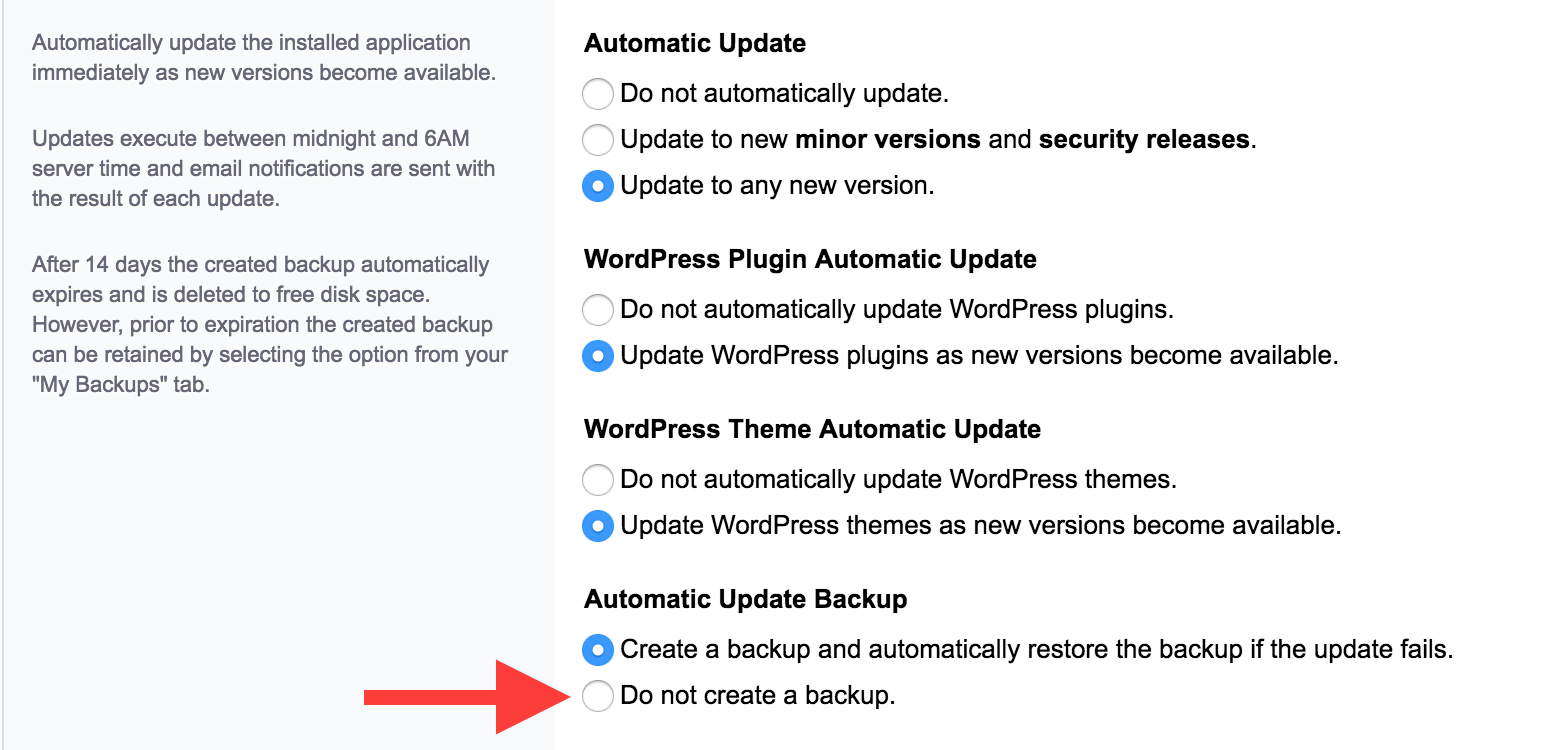 Application Backups screen with an arrow pointing to 